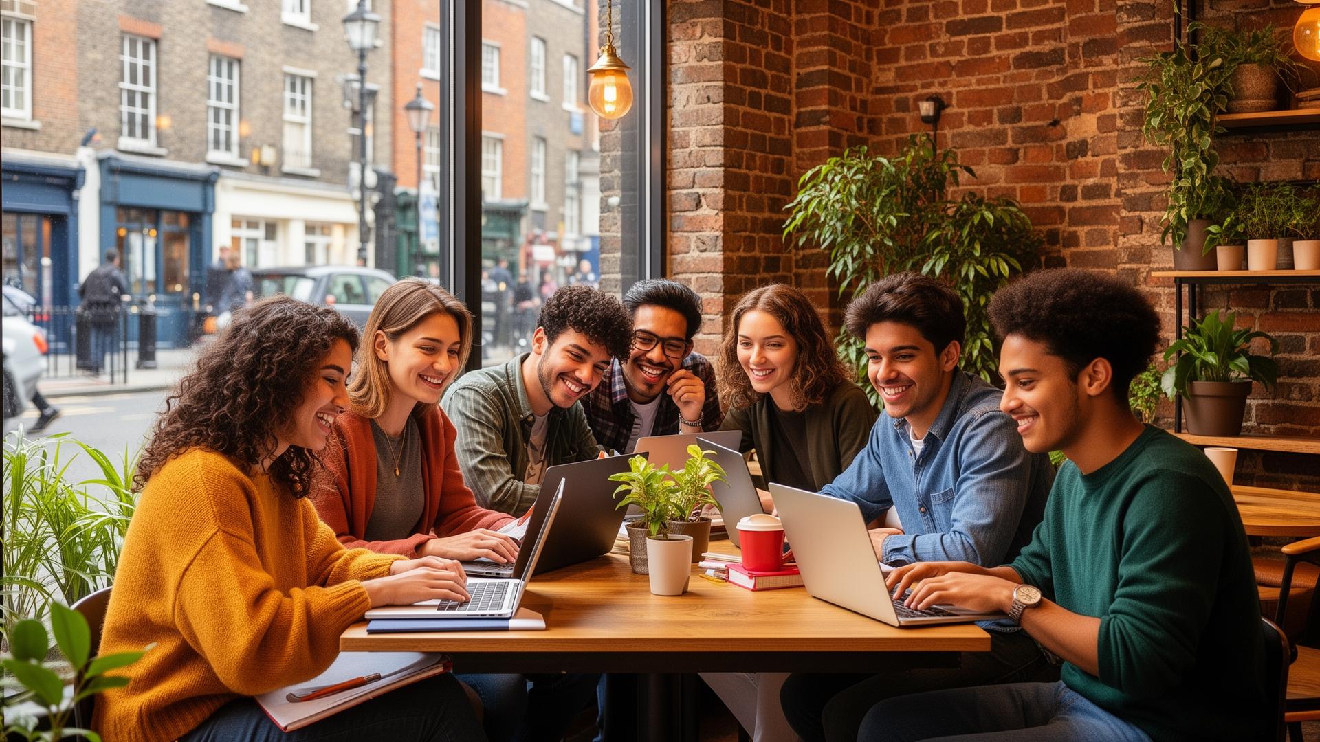 Estudiantes internacionales estudiando en un café europeo