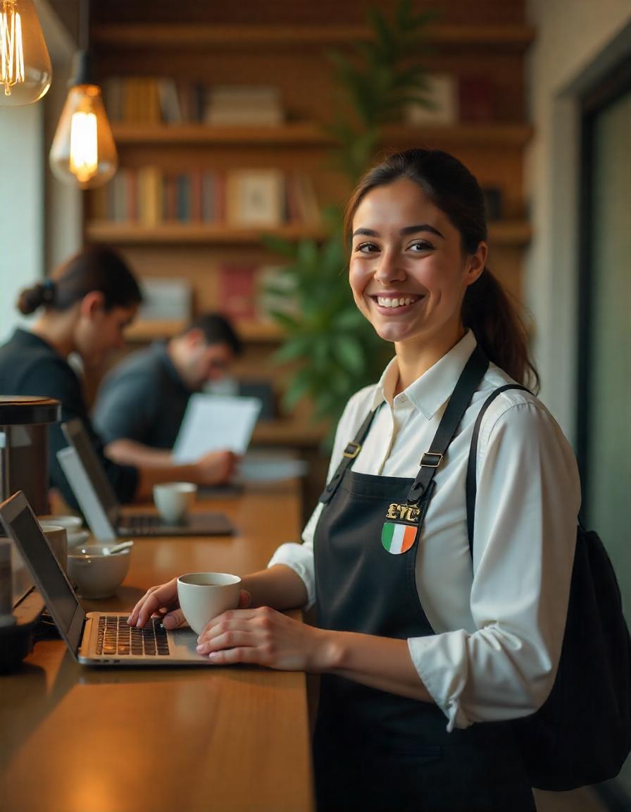 Trabajar en Irlanda - Experiencia laboral internacional para estudiantes Profesional trabajando en oficina moderna en Irlanda - Oportunidades laborales para estudiantes